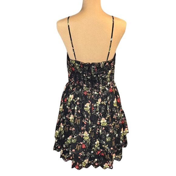 ALICE + OLIVIA Daisy Tiered Mini Dress Sz.10 Dark Floral Black Eyelet Tie-Front - Picture 4 of 16